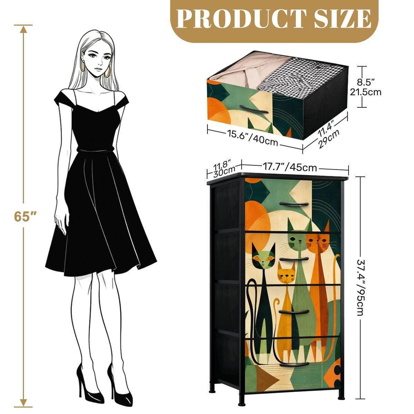 Mid Century Dresser with Fabric Drawers | Vintage Style Storage Cabinet