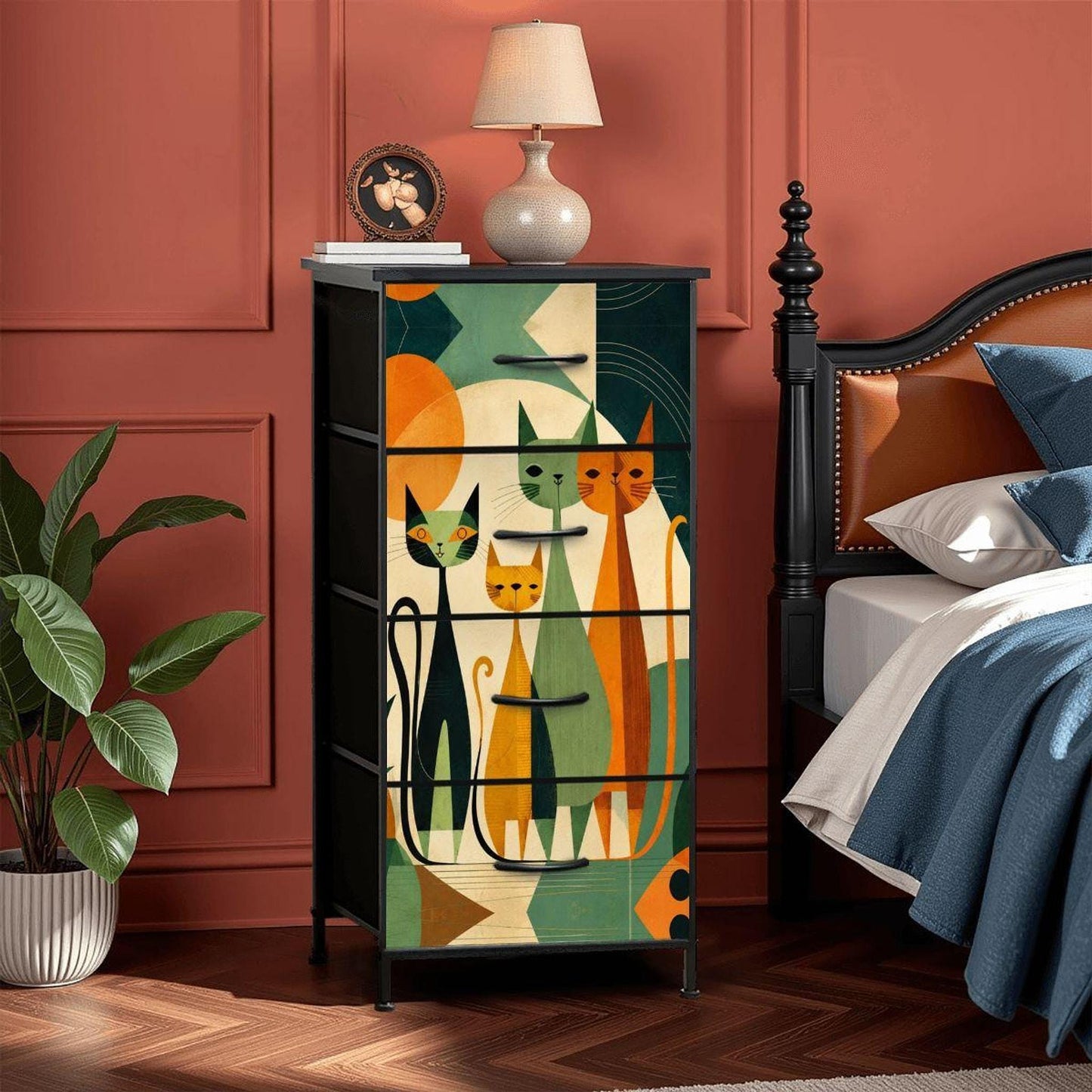 Mid Century Dresser with Fabric Drawers | Vintage Style Storage Cabinet