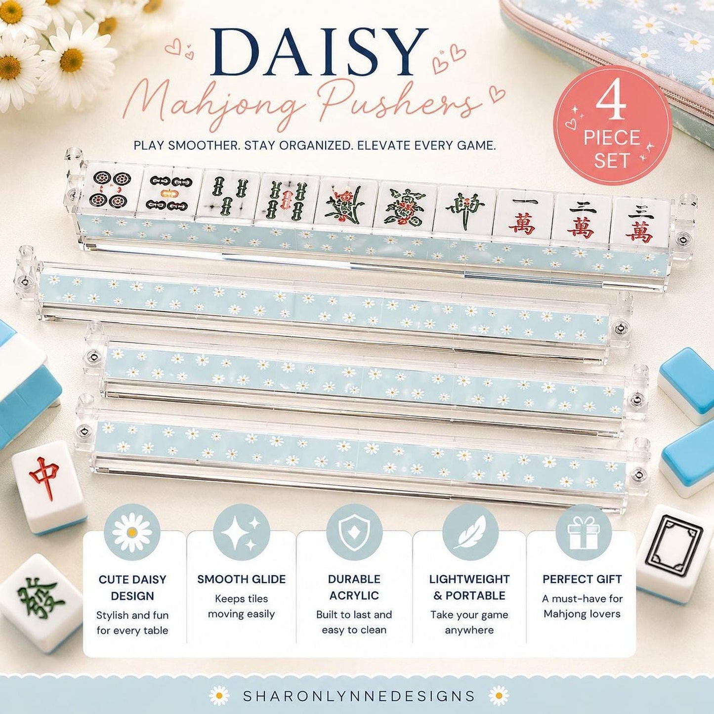 Mahjong Table Aid - Daisy Acrylic Tile Pushers Set of 4 with UV Printing