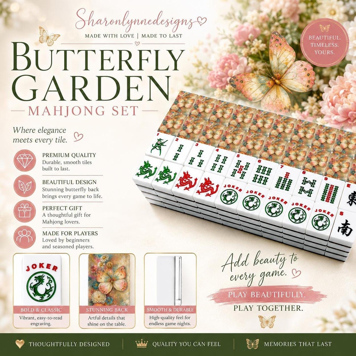 Acrylic Mahjong Set, Butterfly Garden Design with Floral Tiles
