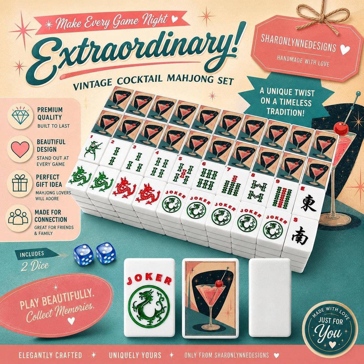 Retro Mahjong Set, 166-Piece Martini Tiles with Jokers