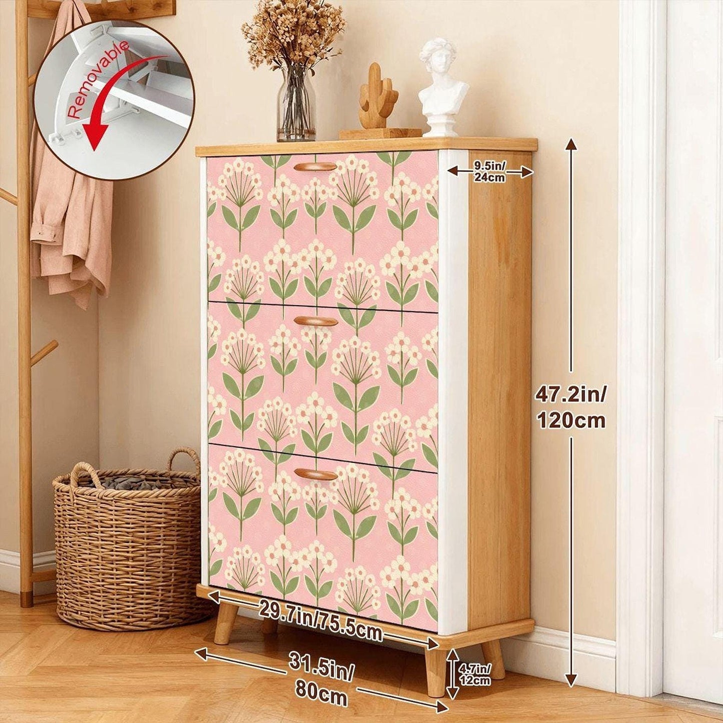 Pink Shoe Cabinet with Floral Design, Durable MDF Storage Organizer