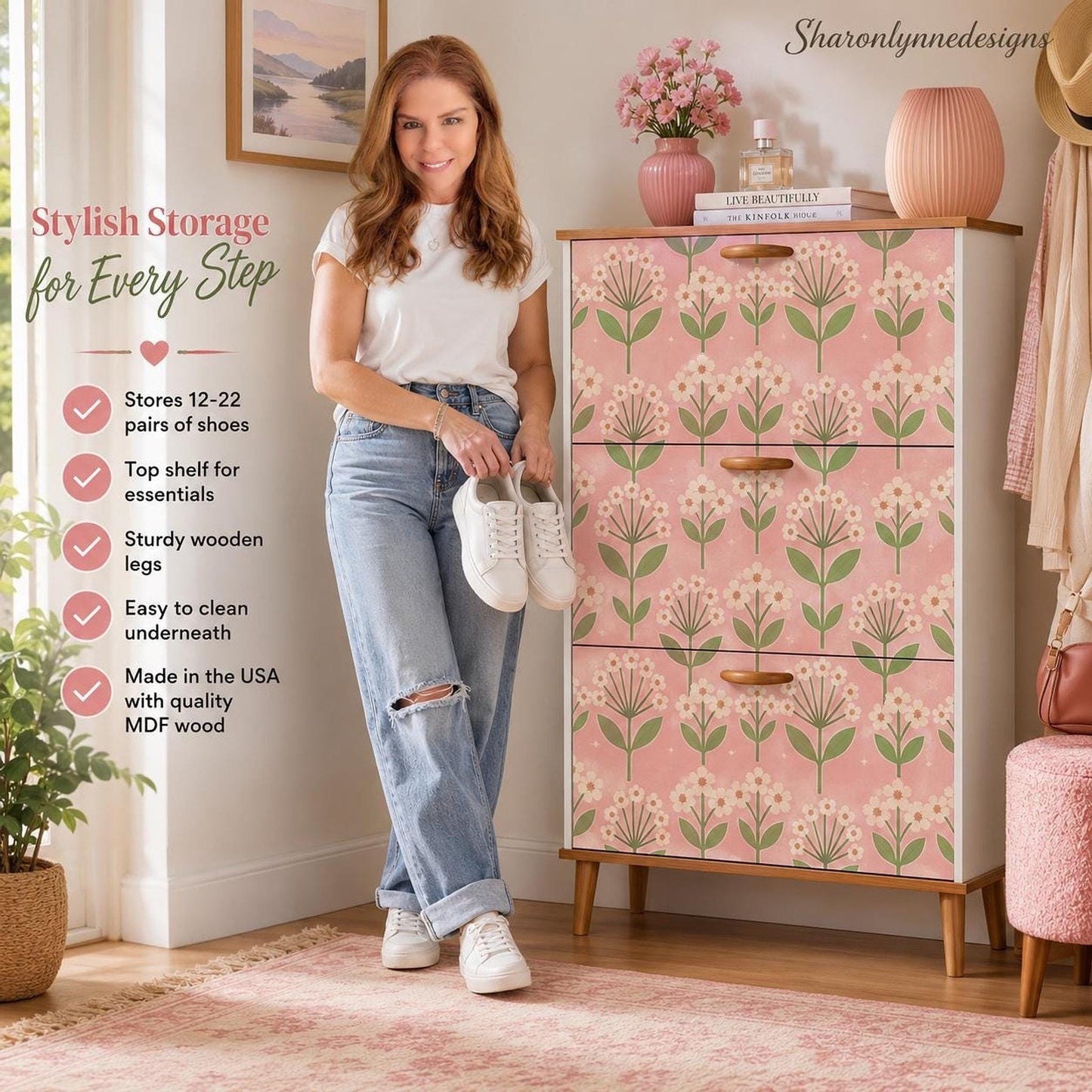 Pink Shoe Cabinet with Floral Design, Durable MDF Storage Organizer