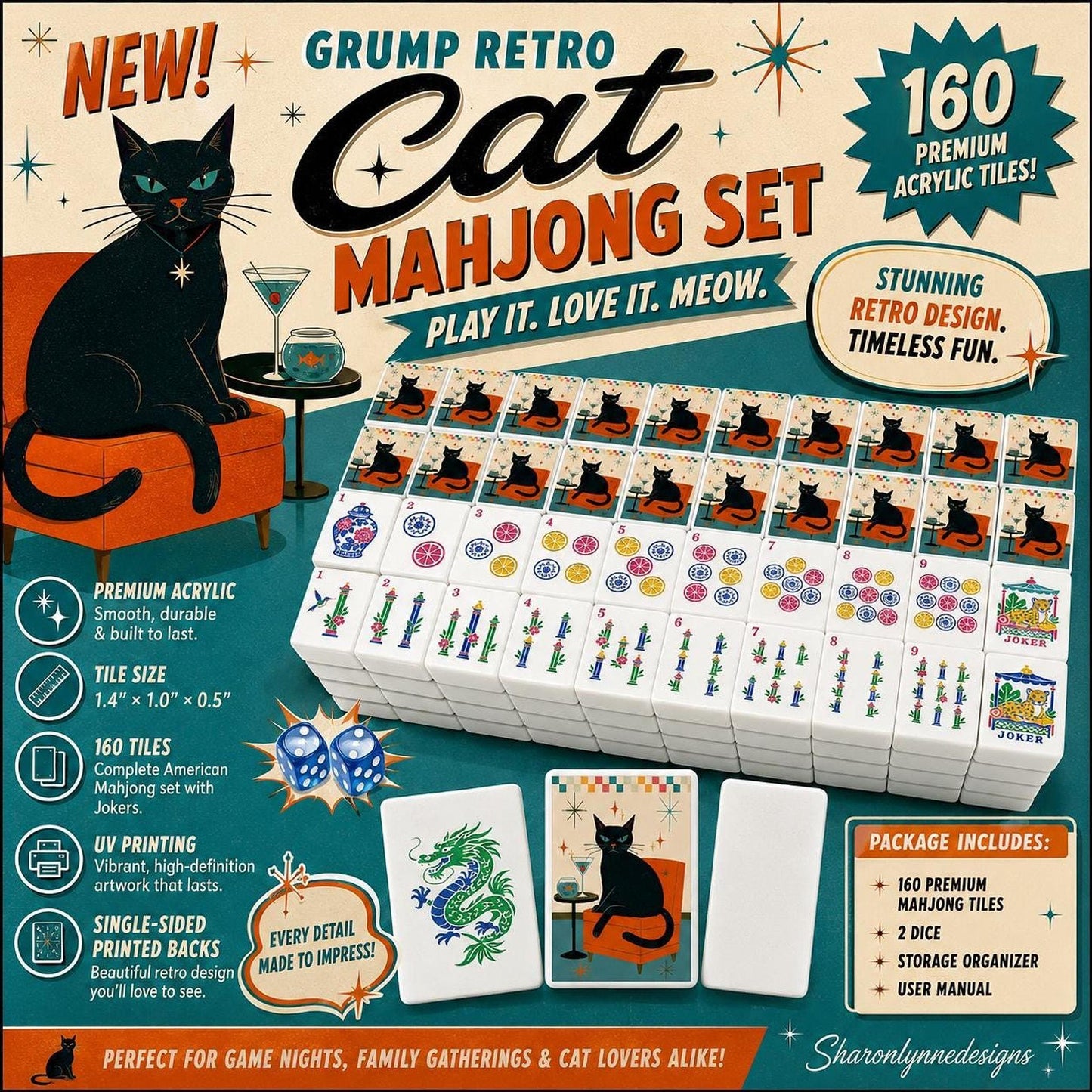 Retro Mahjong Set with Grump Cat Design, 160 Acrylic Tiles