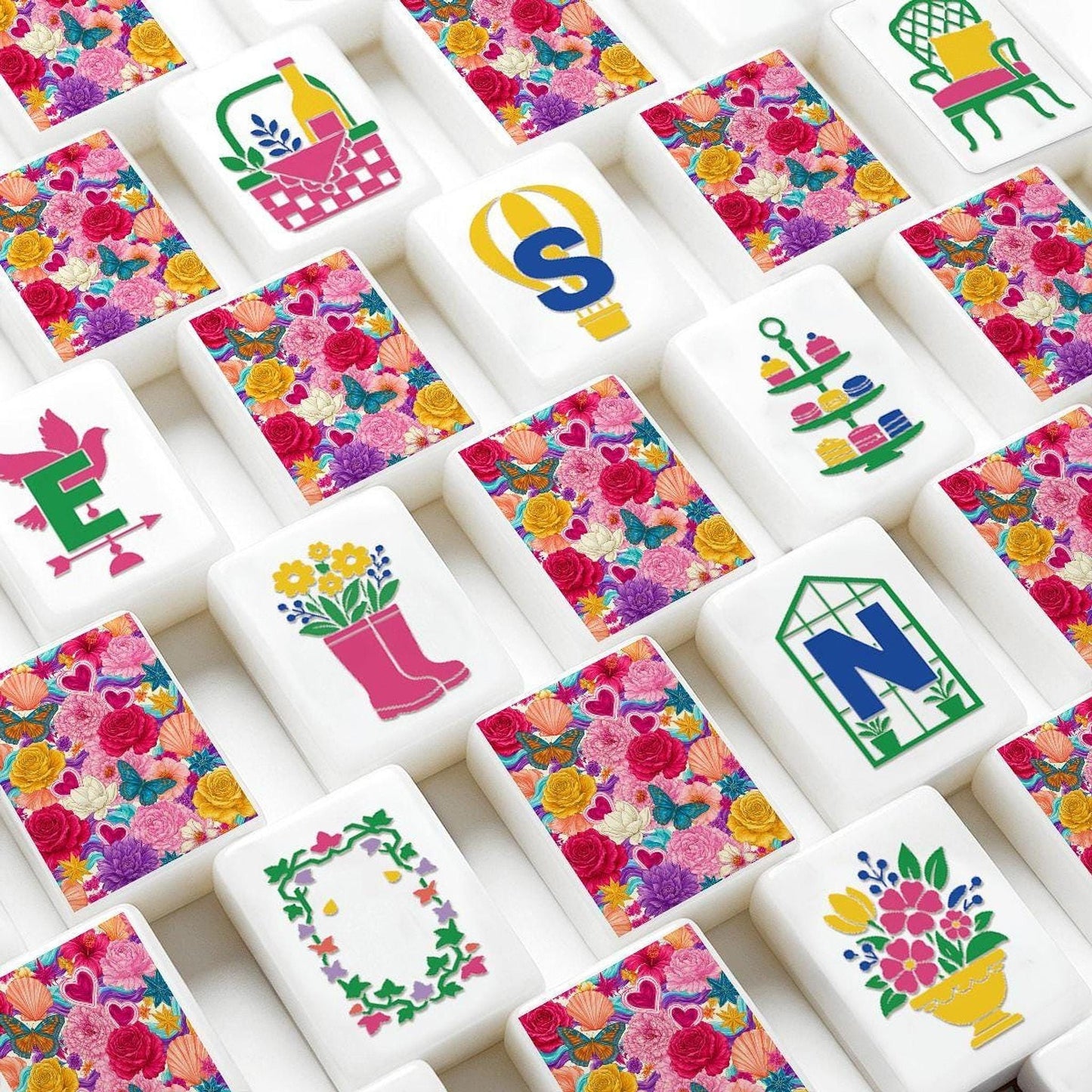 Floral Mahjong Set, Colorful 160-Piece Acrylic Tiles with Garden Designs