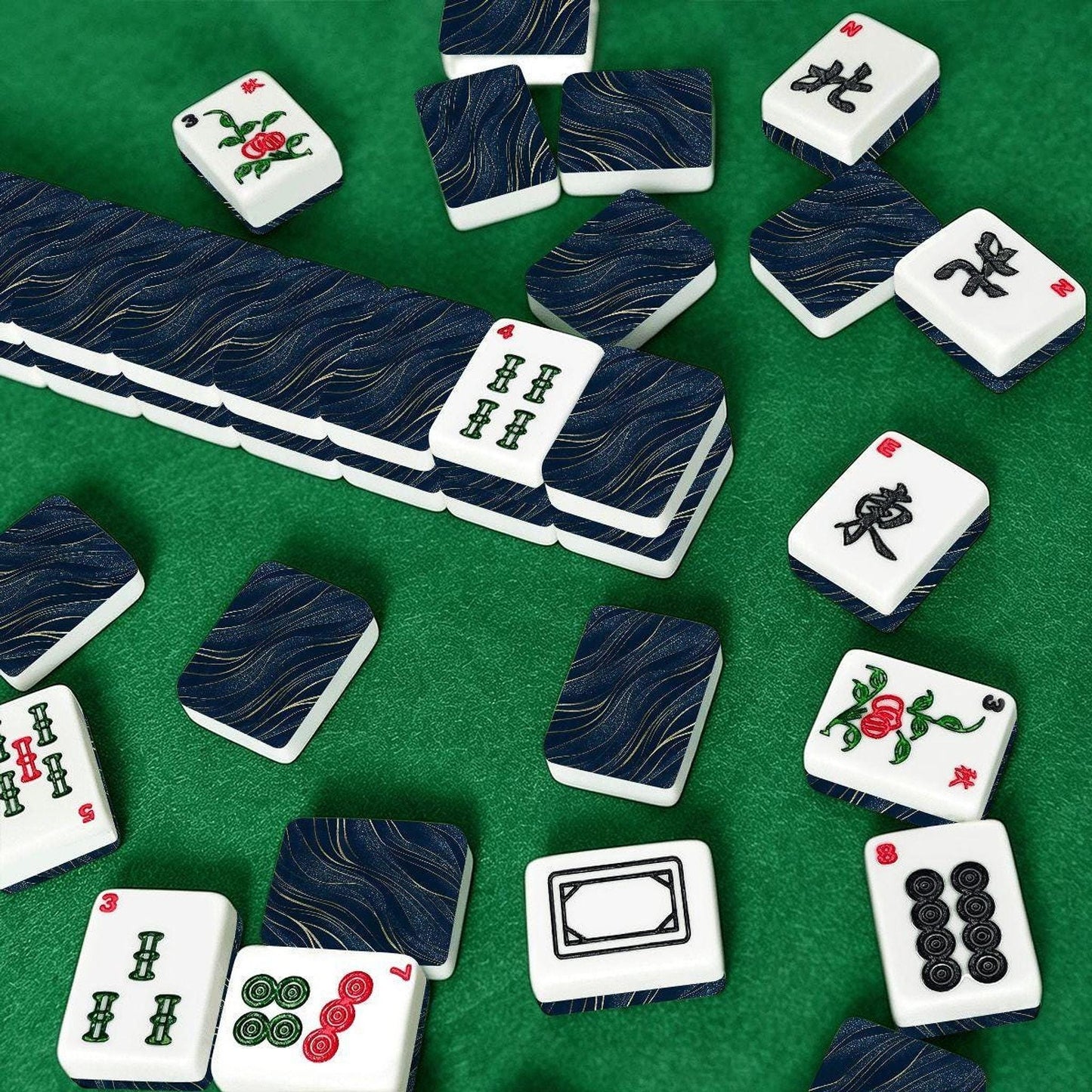 Mahjong Tile Set, Navy Blue & Gold Acrylic Game Pieces Collection