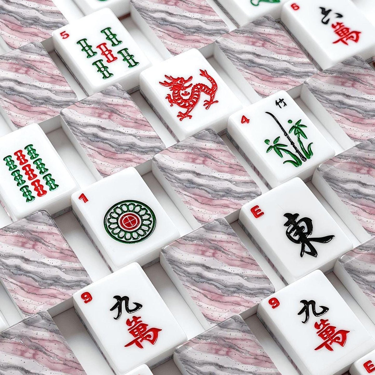Mahjong Tile Set - Pink Marble Acrylic for Family Game Nights