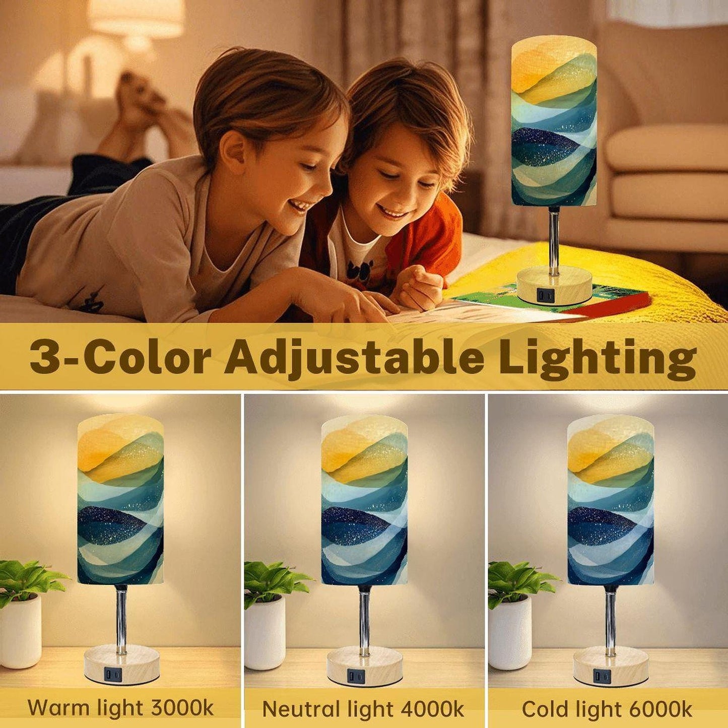 Ocean Touch Lamp with USB Ports, Coastal-Inspired Bedside Nightlight
