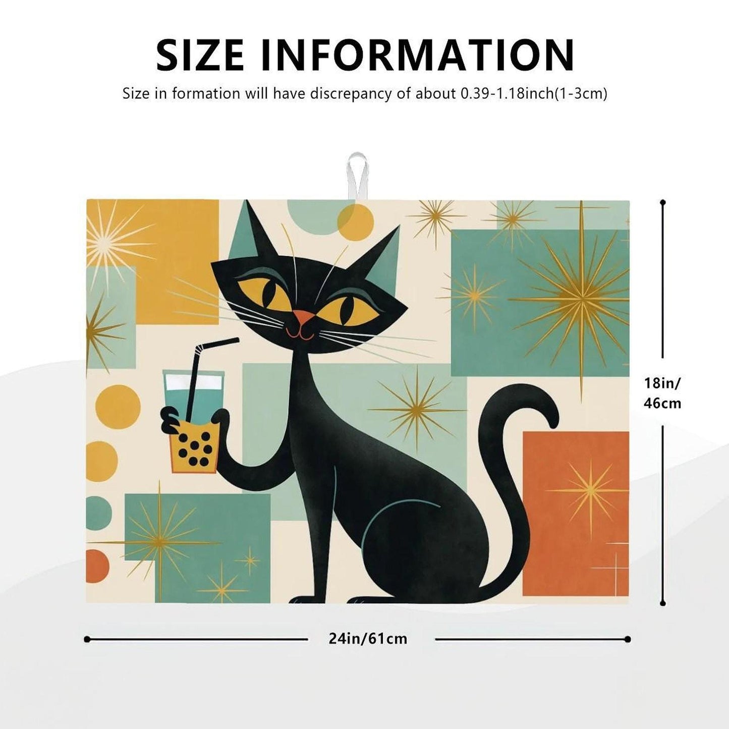 Dish Drying Mat with Mid-Century Cat Design, Absorbent Microfiber Kitchen Towel