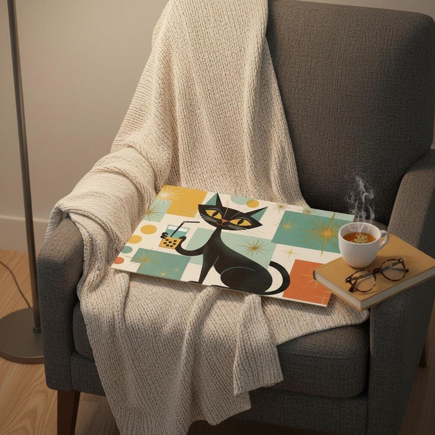 Boba Cat Dish Drying Mat with Mid-Century Cat Design, Absorbent Microfiber Kitchen Towel