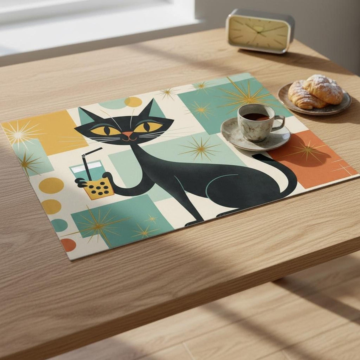 Boba Cat Dish Drying Mat with Mid-Century Cat Design, Absorbent Microfiber Kitchen Towel