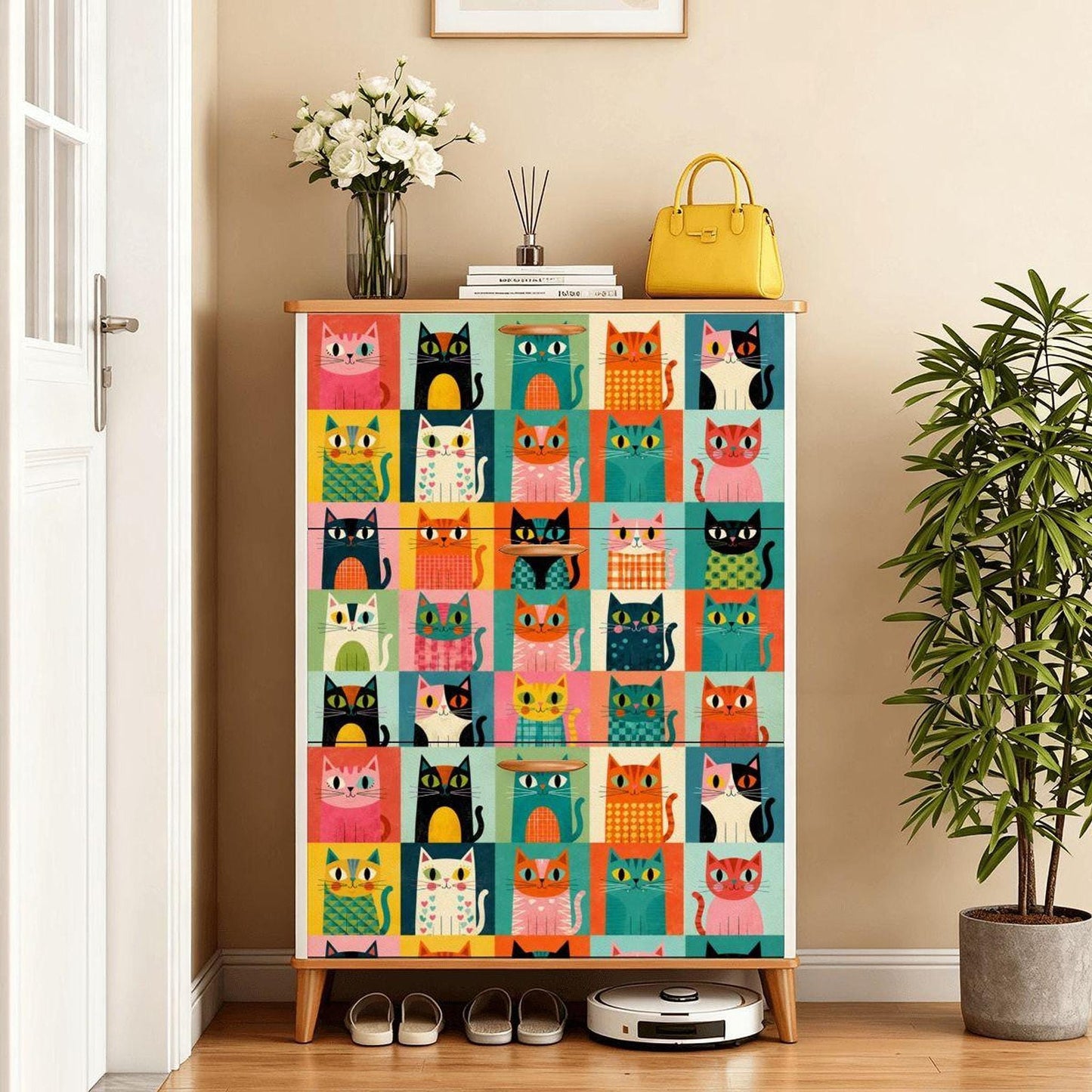 Cat Shoe Storage Cabinet with Colorful Cat Design, Made in USA
