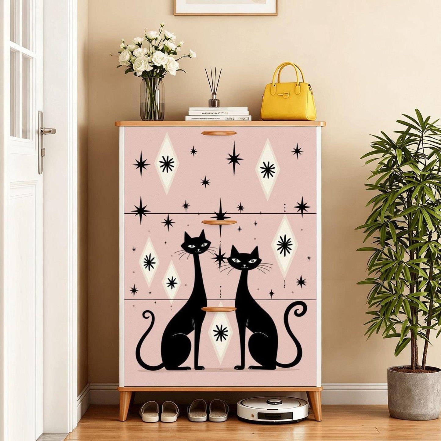 Pink Cat Furniture Shoe Cabinet, Retro Design with Leather-Covered Surface