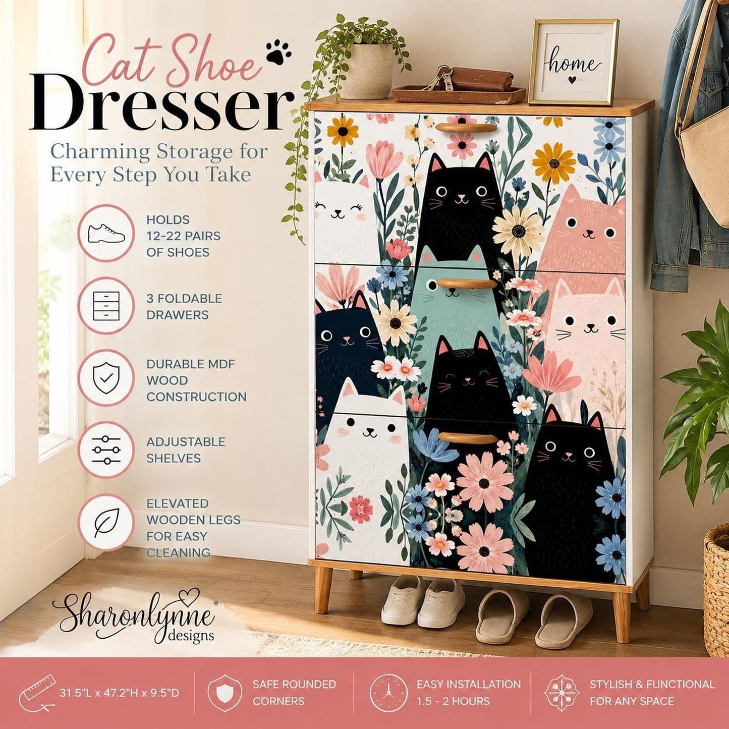 Cat Shoe Cabinet with Floral Design, Durable MDF Storage for Entryway