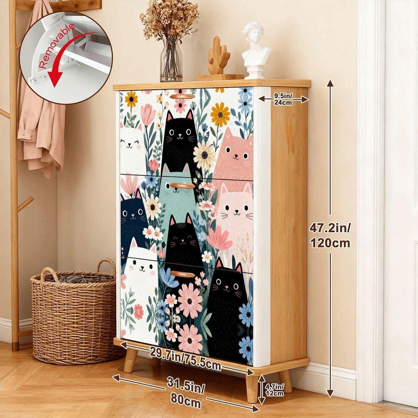Cat Shoe Cabinet with Floral Design, Durable MDF Storage for Entryway