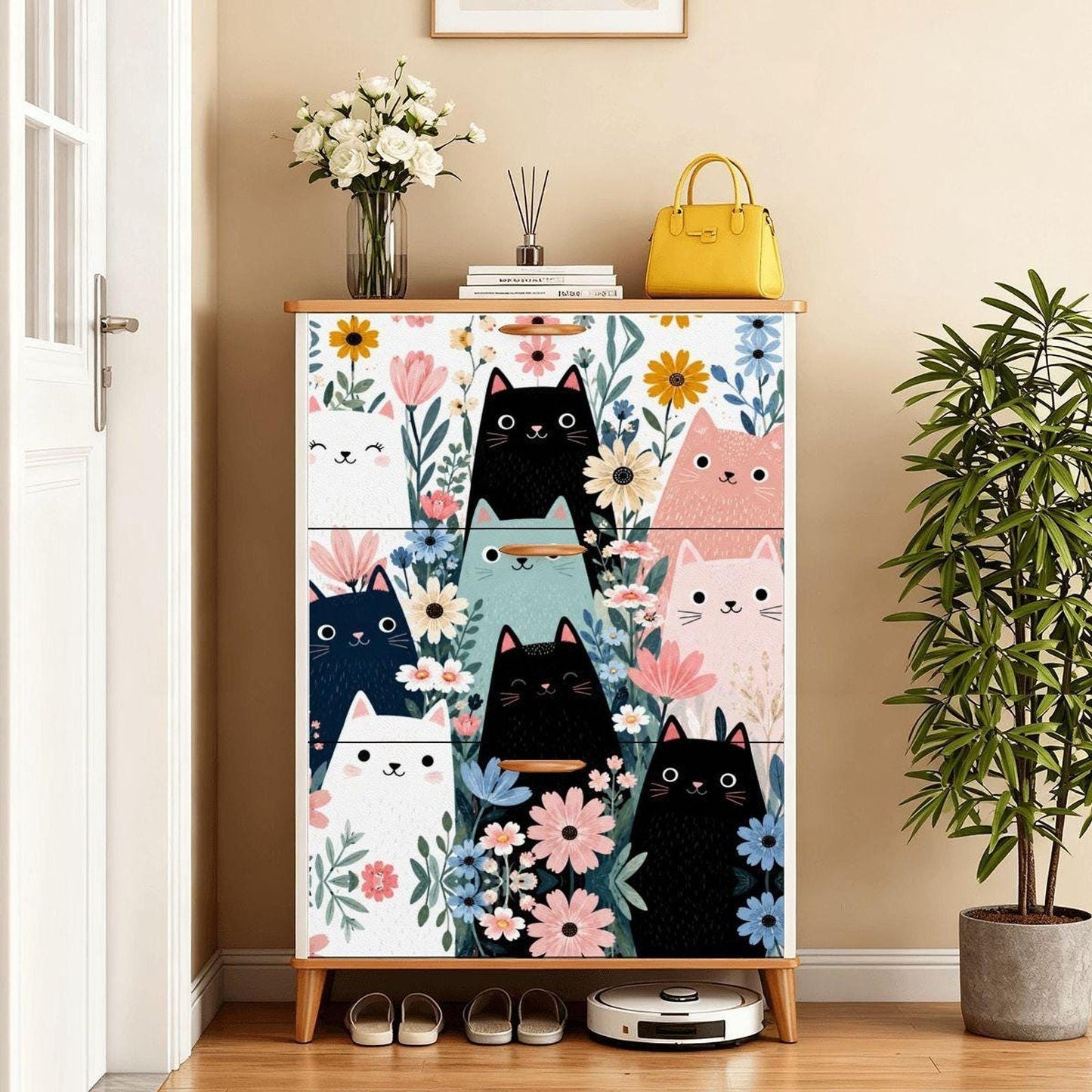 Cat Shoe Cabinet with Floral Design, Durable MDF Storage for Entryway