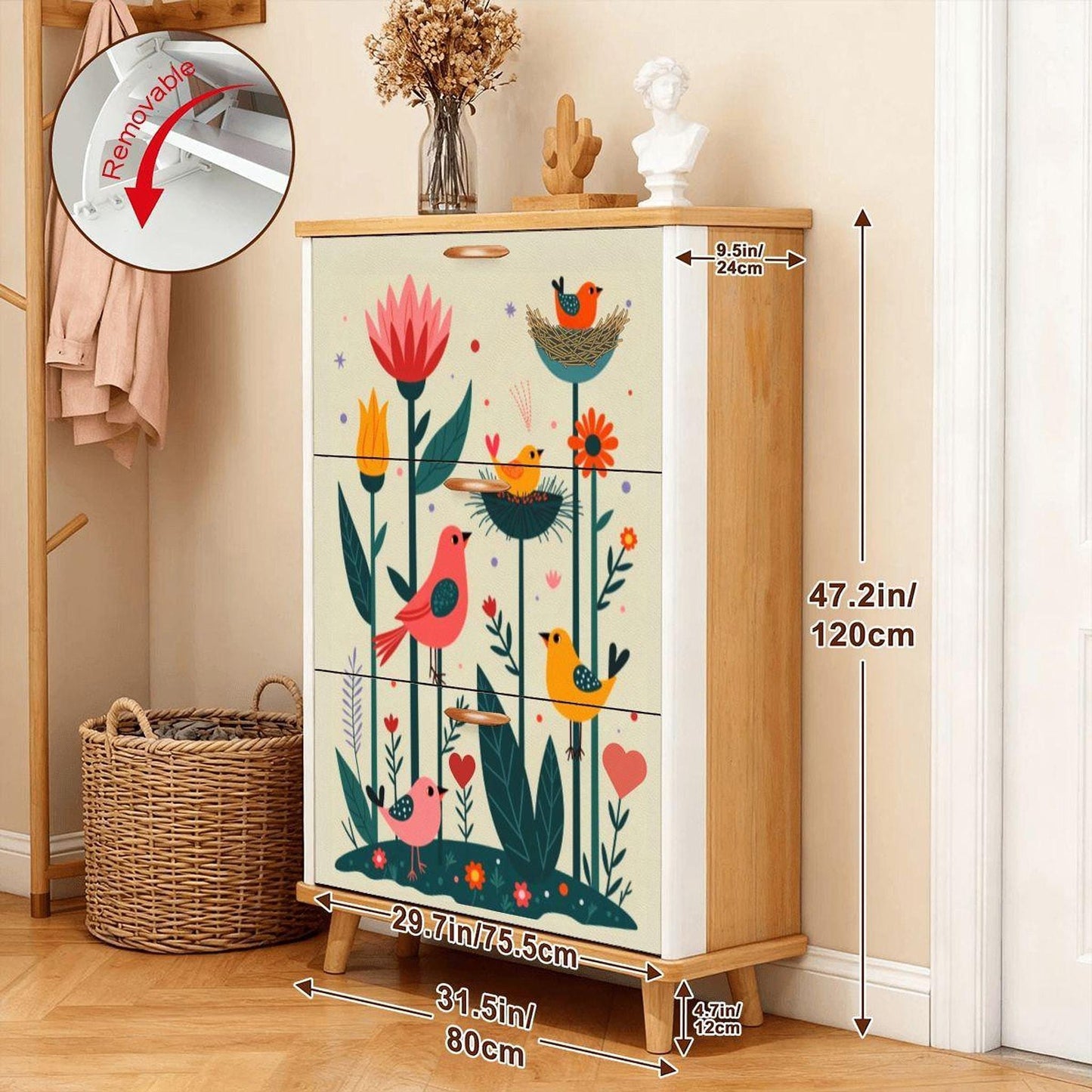 Folk Art Inspired Shoe Cabinet, Colorful Storage Organizer for Entryway
