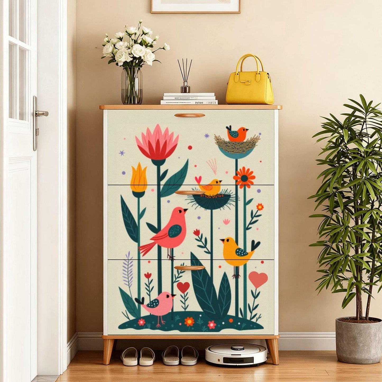 Folk Art Inspired Shoe Cabinet, Colorful Storage Organizer for Entryway