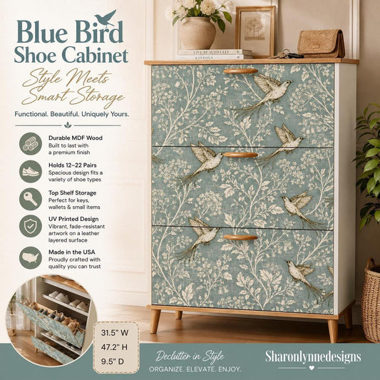 Vintage Shoe Cabinet with Blue Bird Design, Made in USA