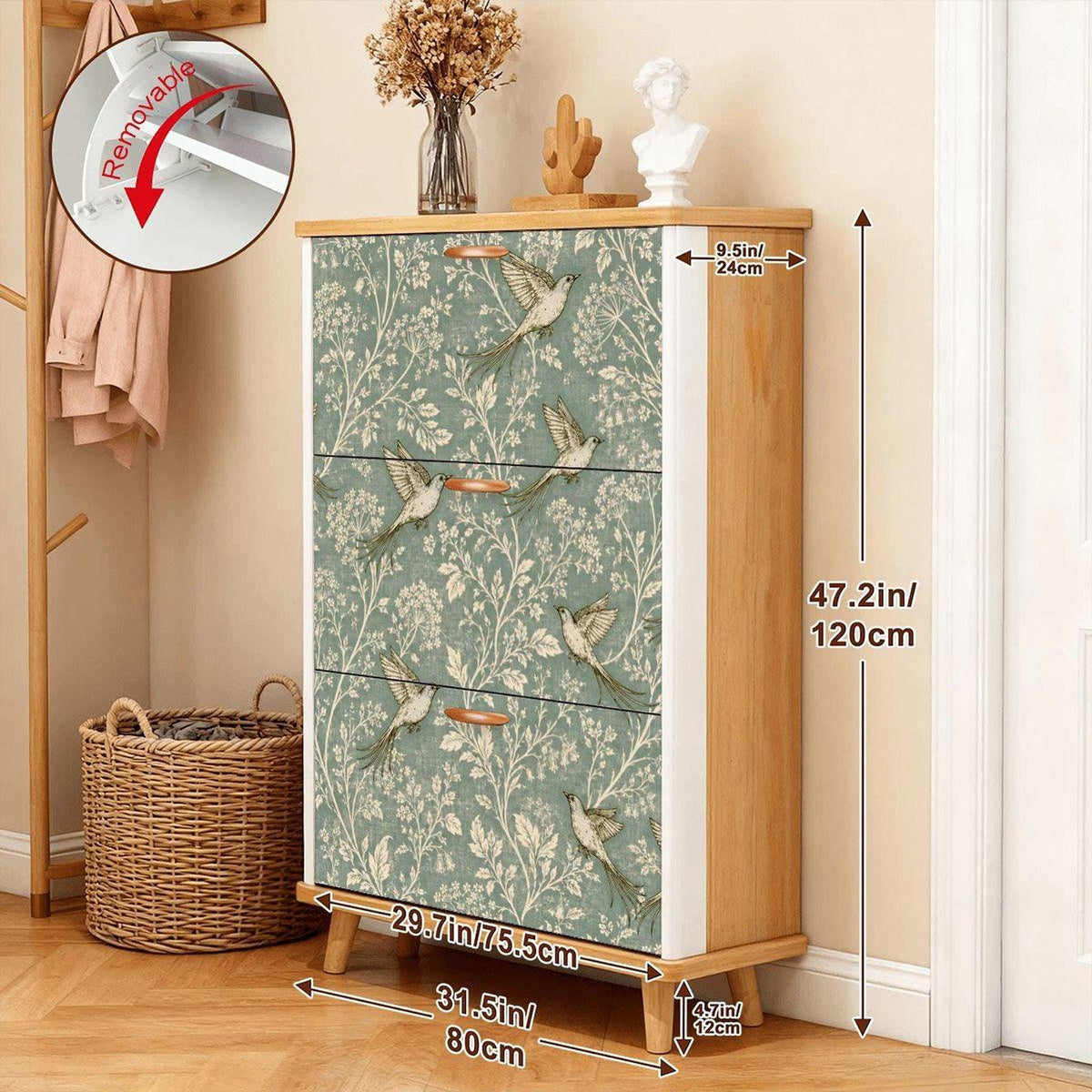 Vintage Shoe Cabinet with Blue Bird Design, Made in USA