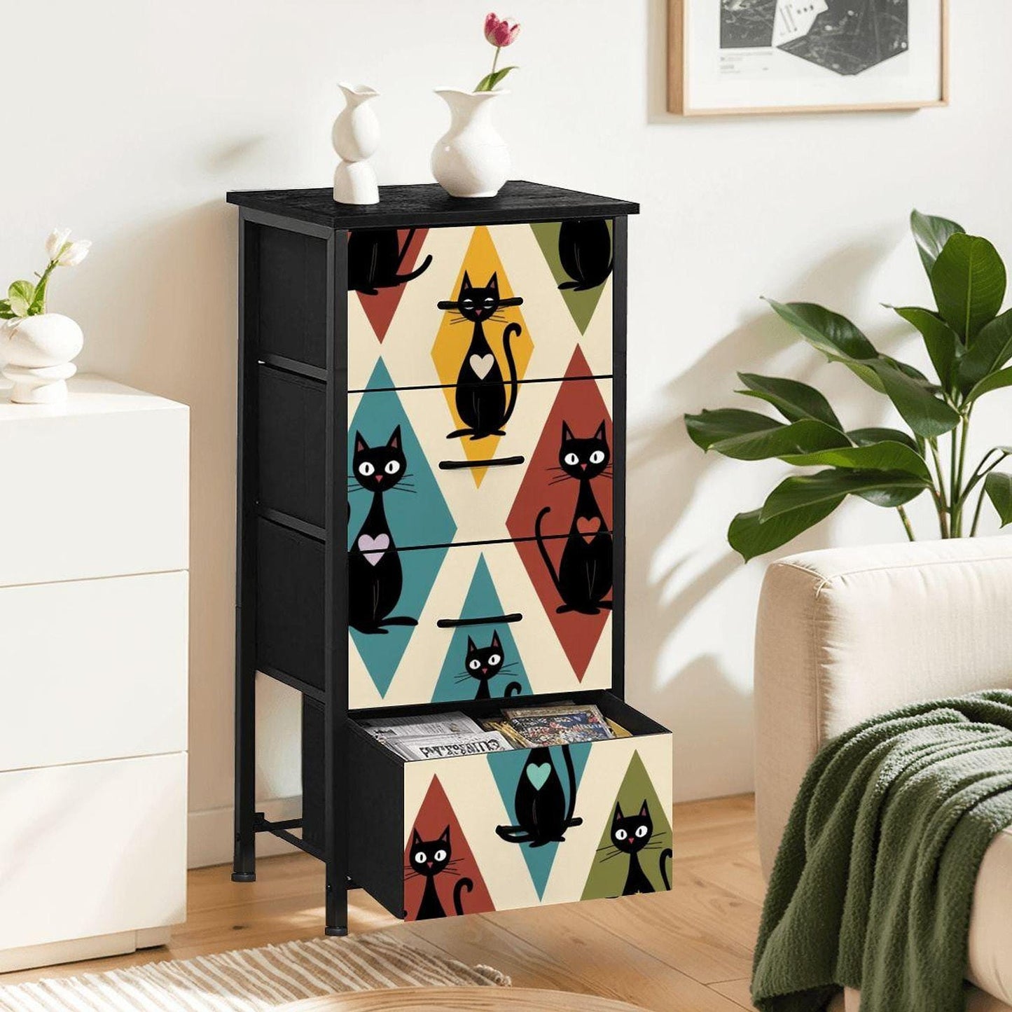 Retro Dresser with 4 Drawers, Colorful Cat Design for Stylish Storage