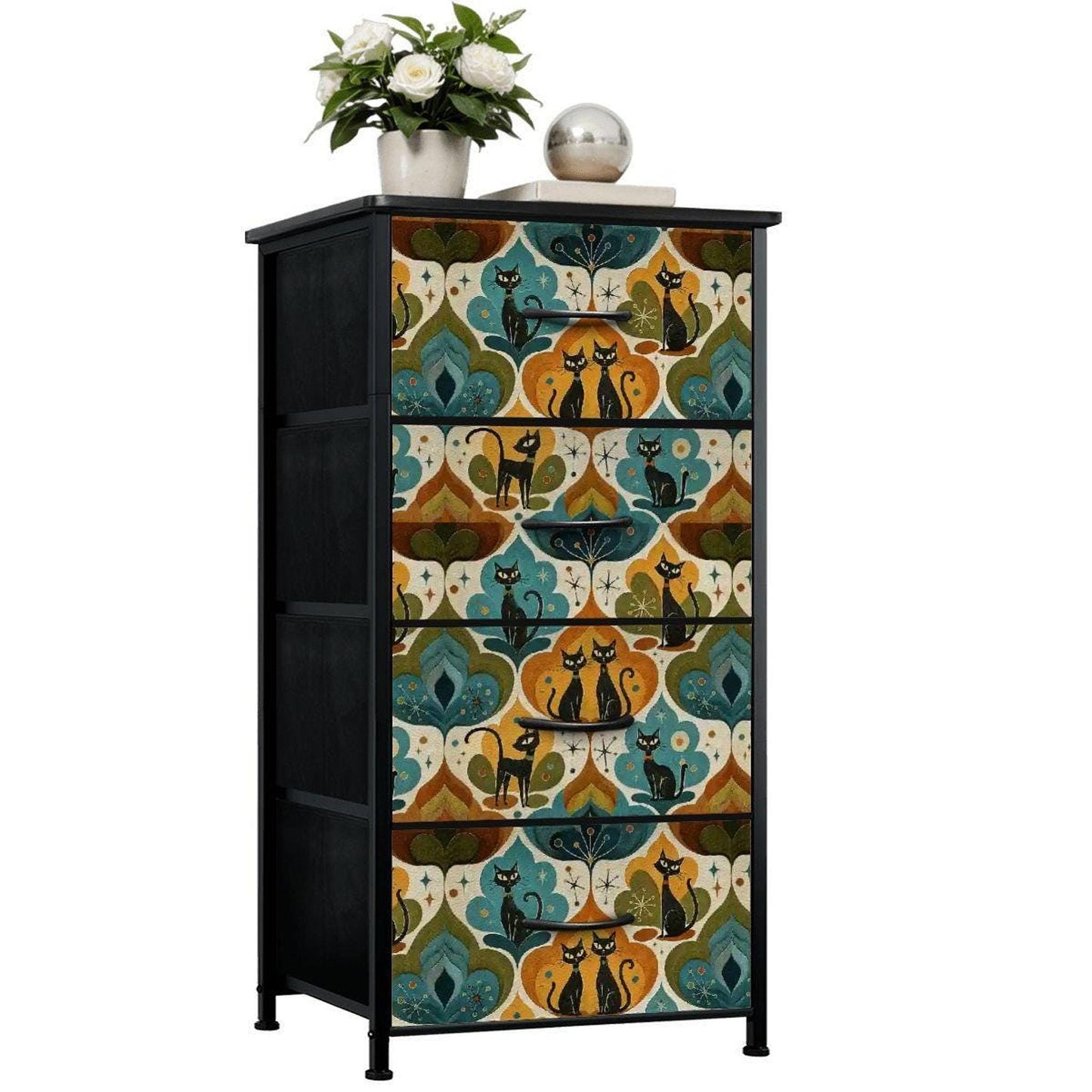 Mid-Century Dresser with Colorful Cat Print Design, Four Drawer Storage Solution