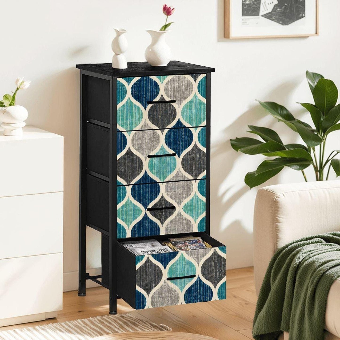Mid-Century Dresser with Ocean Mosaic Design, 4 Drawer Compact Storage Solution