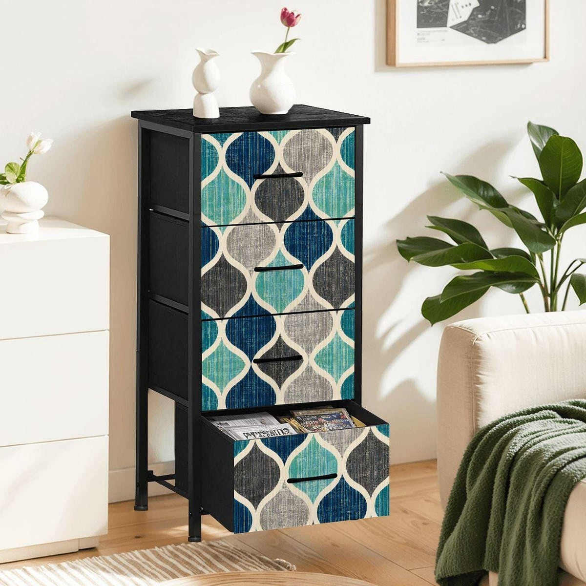 Mid-Century Dresser with Ocean Mosaic Design, 4 Drawer Compact Storage Solution