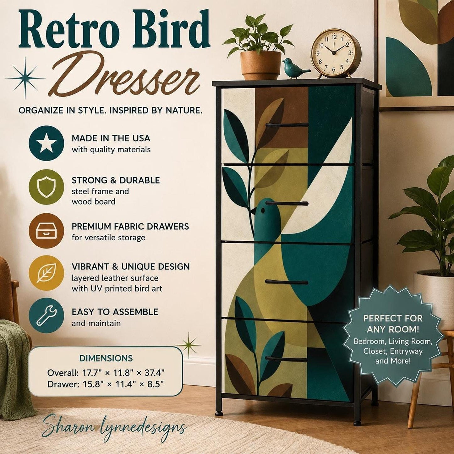 Retro Bird Dresser with 4 Drawers, Made in USA for Stylish Storage