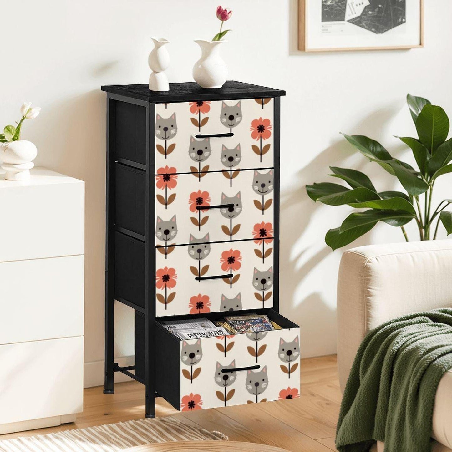 Cat Dresser Storage, 4-Drawer Organizer with Flower Print Design