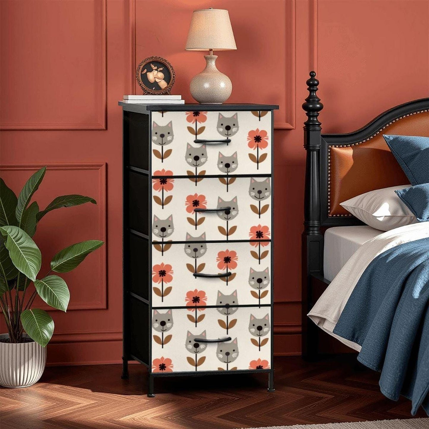 Cat Dresser Storage, 4-Drawer Organizer with Flower Print Design