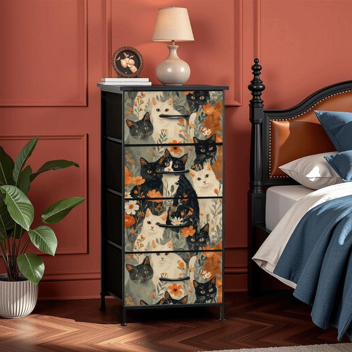 Cat Themed Dresser with 4 Drawers, Vintage Mid Century Organizer Made in USA