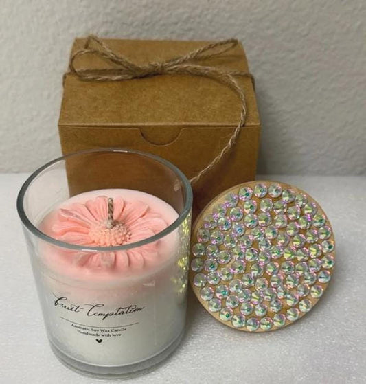 Peach Scented Candle with Rhinestone Lid – Elegant Floral Decor