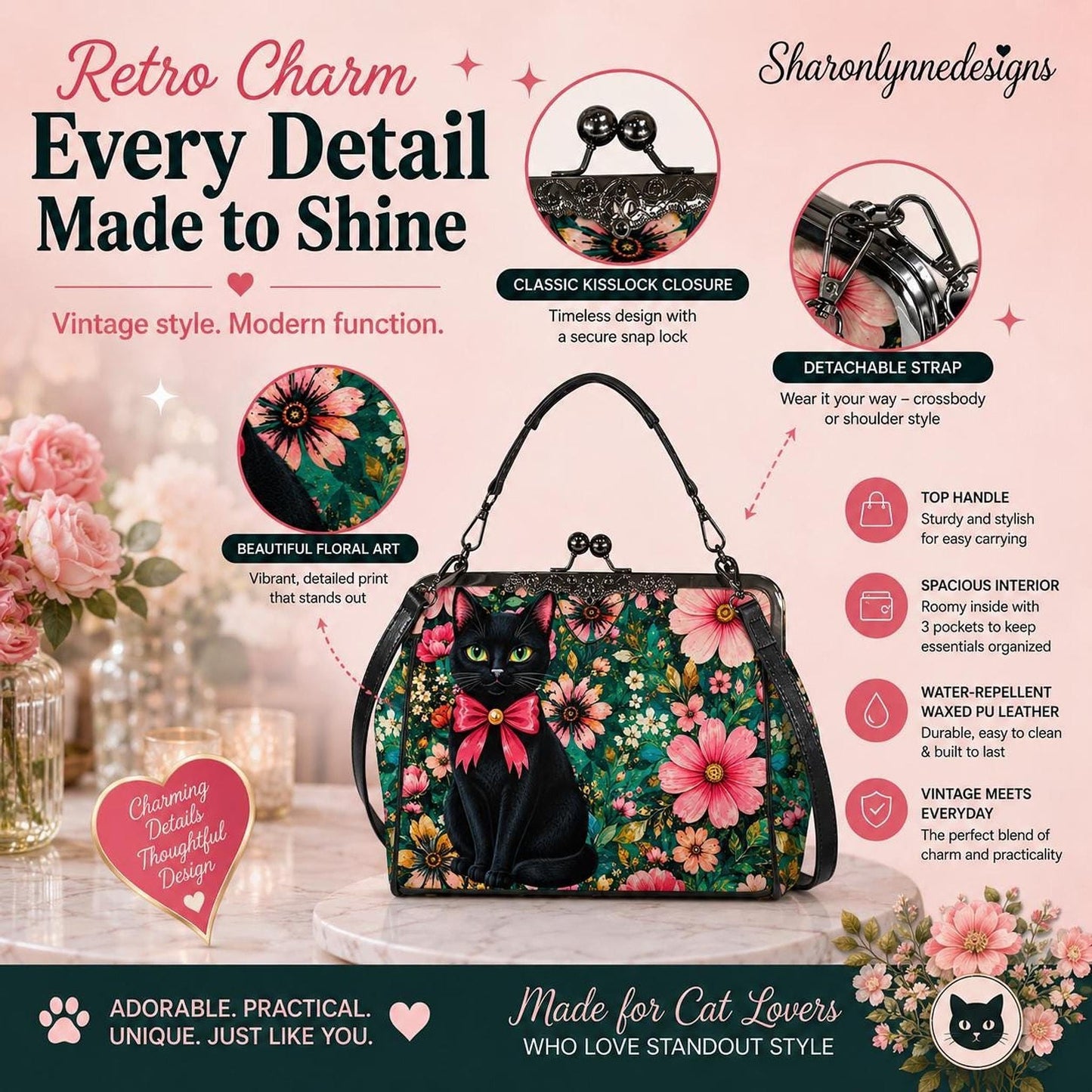 Floral Cat Bag with Kisslock Closure, Vintage Charm and Waxed PU Leather