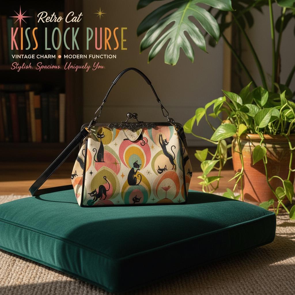 Retro Cat Purse, Vintage Kiss Lock Crossbody Bag in Waxed PU Leather
