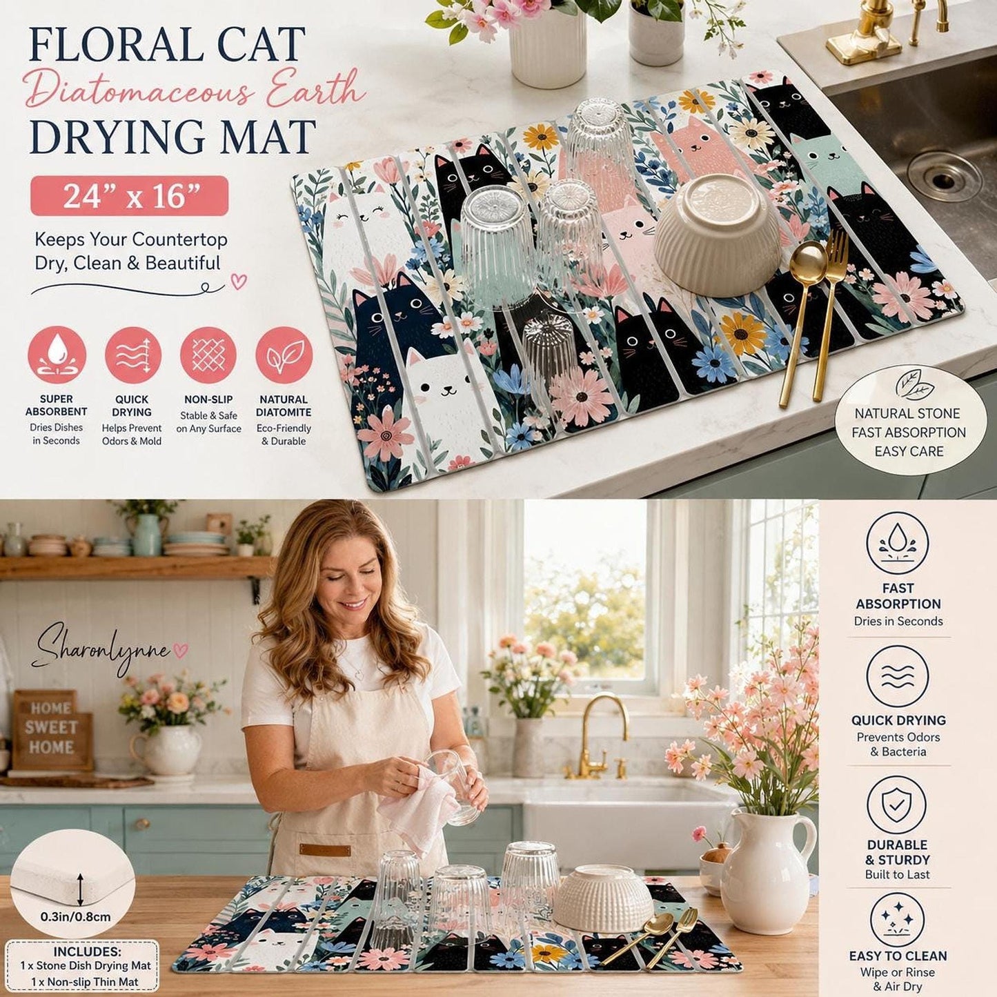 Floral Cat Mat, Diatomaceous Earth Drying Mat for Kitchen Decor