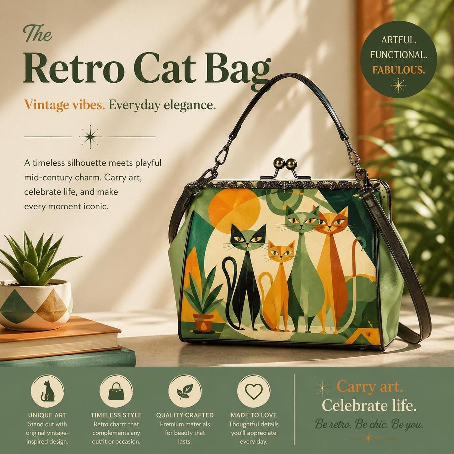 Cat Lover Handbag, Retro Cat Kisslock Purse with Vintage Artwork