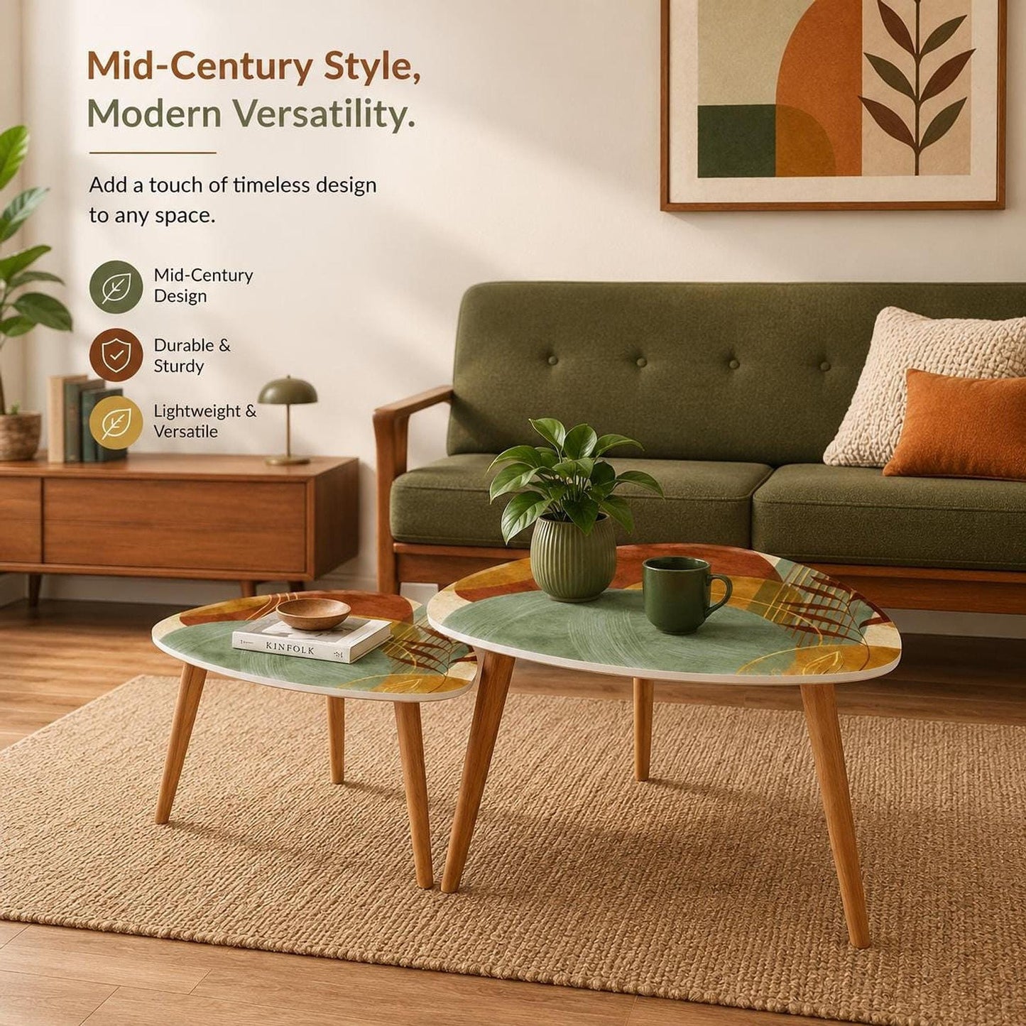 Midcentury Tables Set, Eco-Friendly Bamboo Triangle Coffee for Living Room
