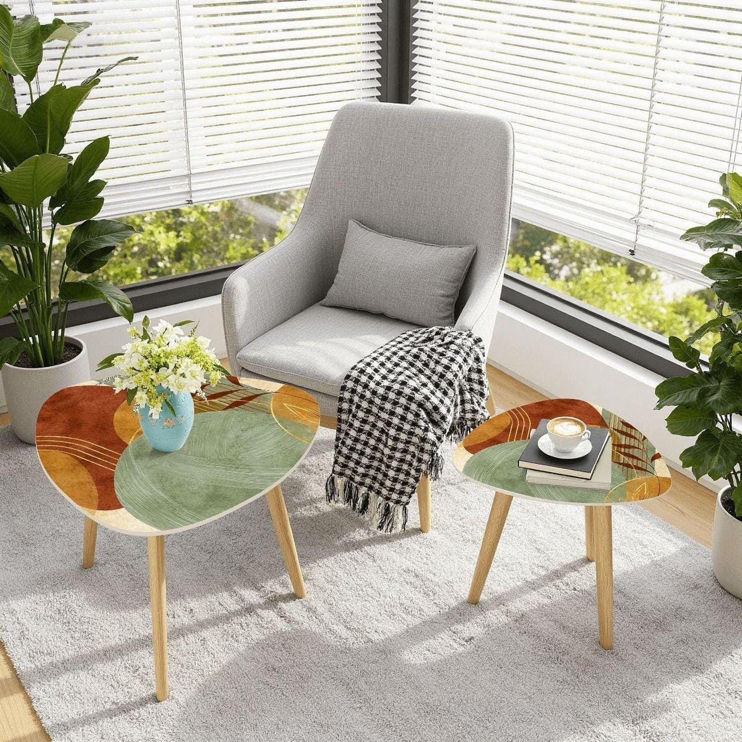Midcentury Tables Set, Eco-Friendly Bamboo Triangle Coffee for Living Room