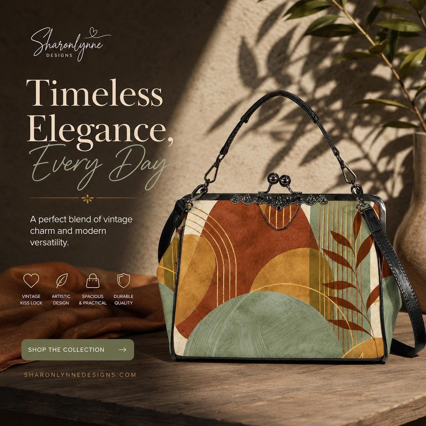 Autumn Crossbody Bag with Vintage Kisslock Closure and Abstract Design