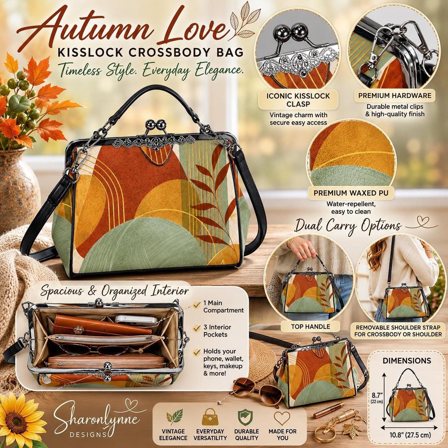 Autumn Crossbody Bag with Vintage Kisslock Closure and Abstract Design