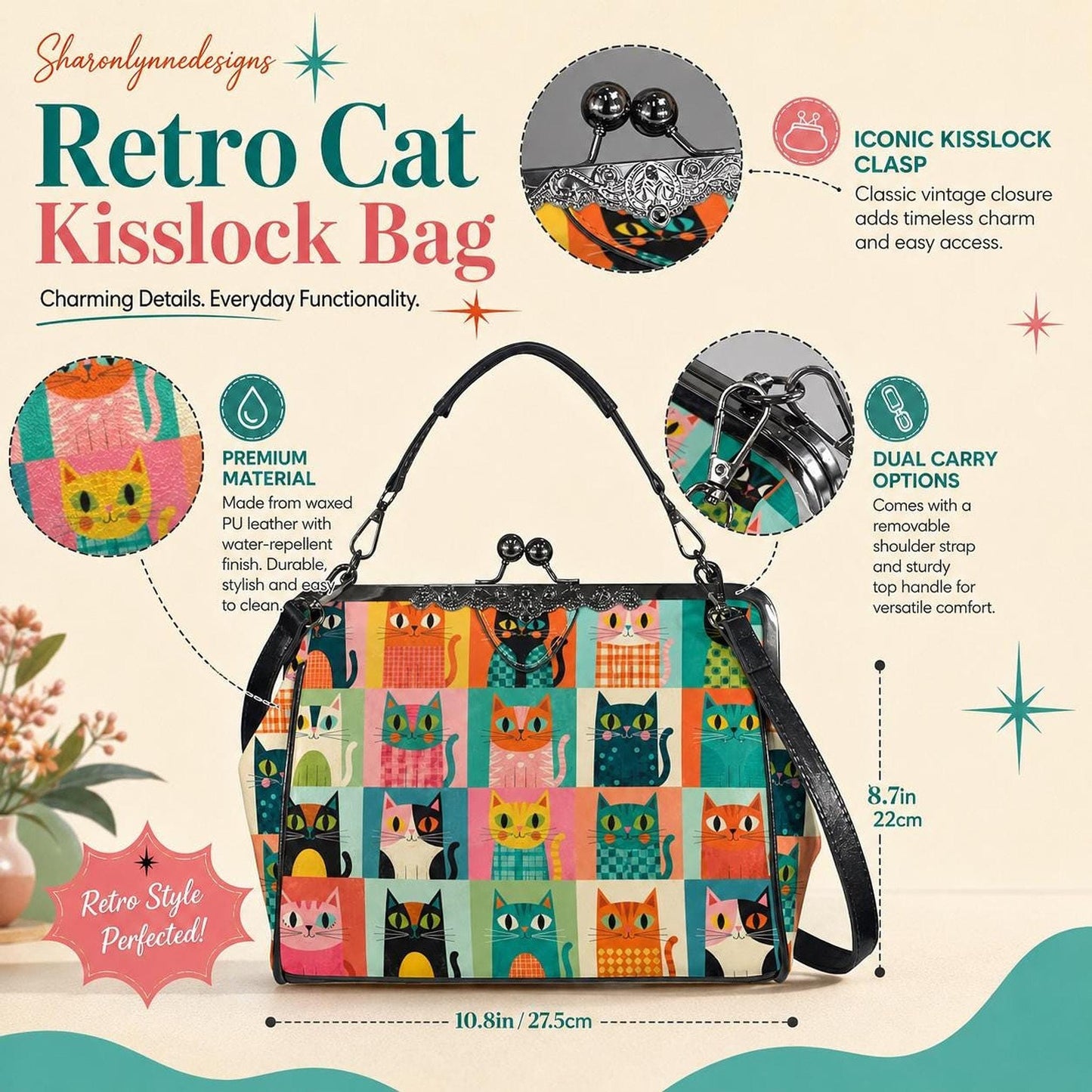 Retro Cat Bag with Kiss Lock, Vintage Style Crossbody Handbag