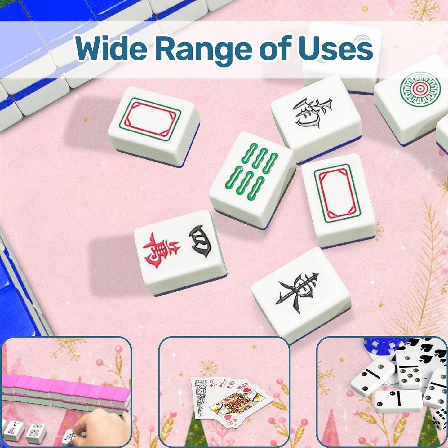 Pink Mahjong Mat 33"x33" with Christmas Tree Design and Non-Slip Backing