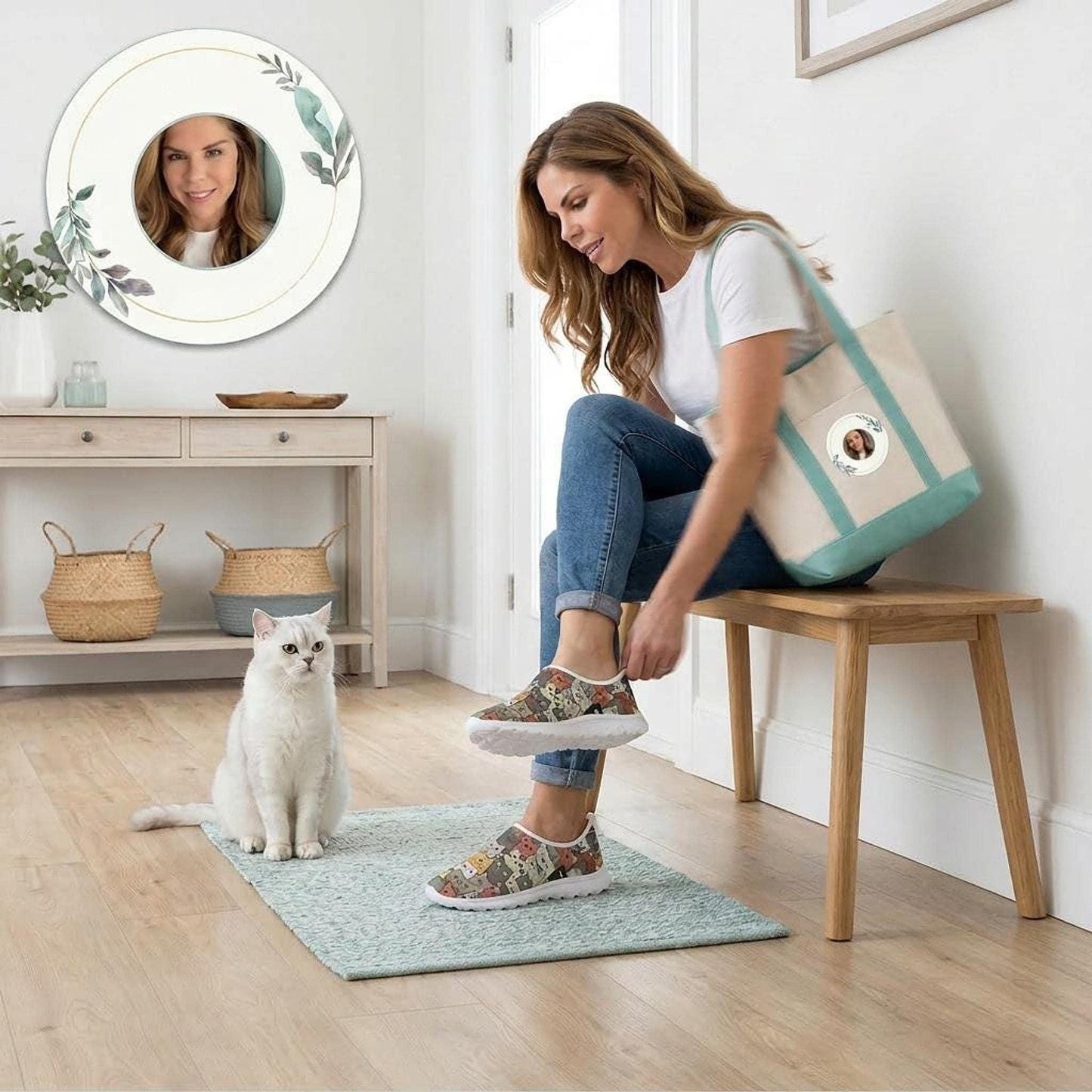 Cat Design Sneakers for Women, Breathable Slip-On Mesh Shoes with Fun Graphics