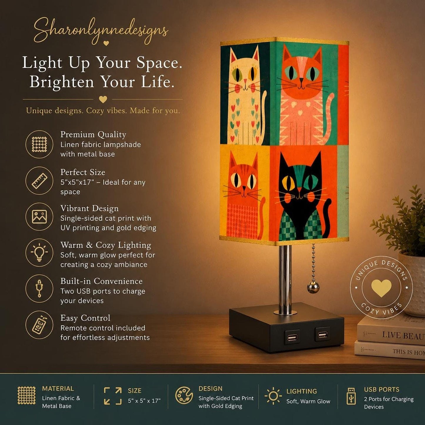Cat Table Lamp with Gold Edged Shade, USB Ports and Vibrant Print
