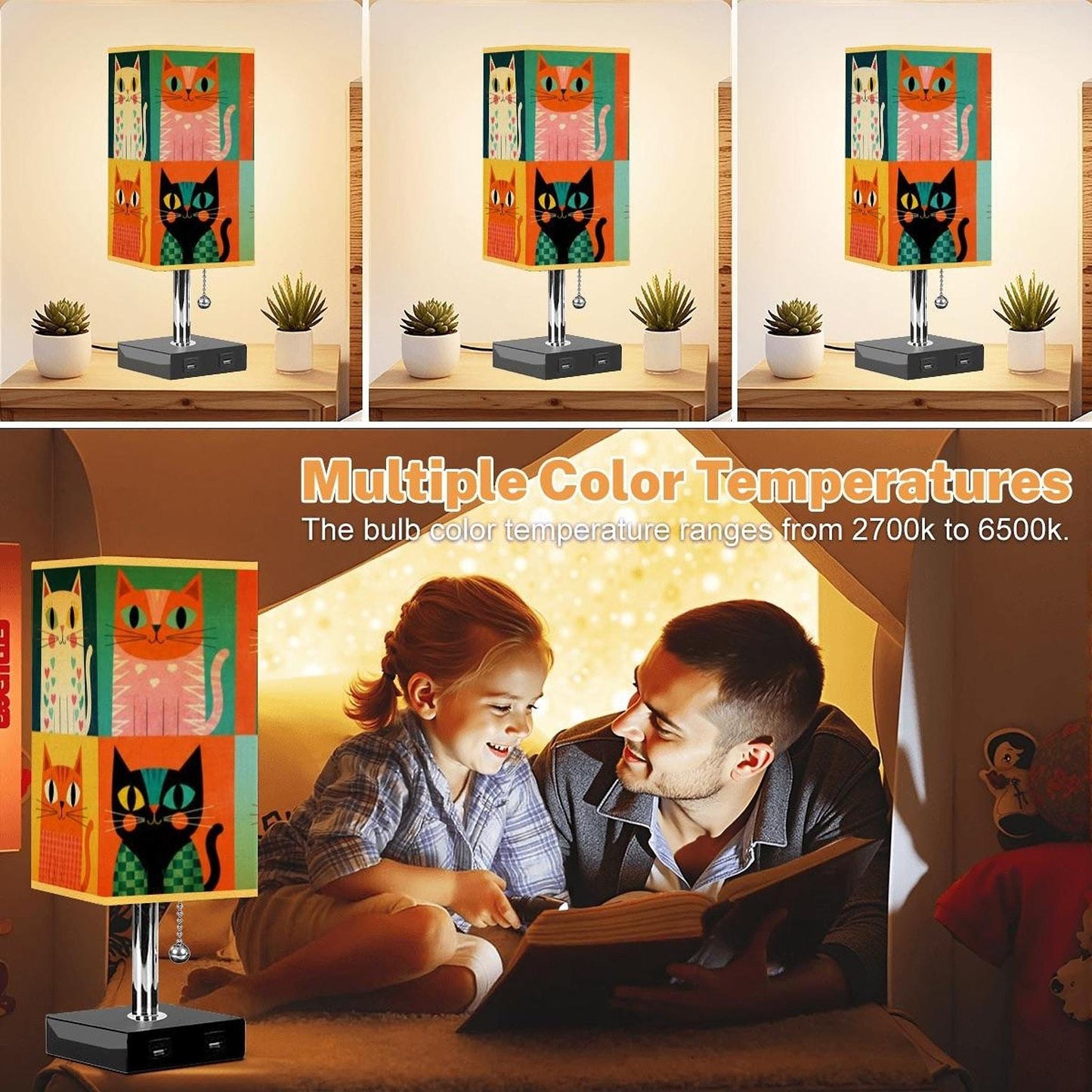 Cat Table Lamp with Gold Edged Shade, USB Ports and Vibrant Print