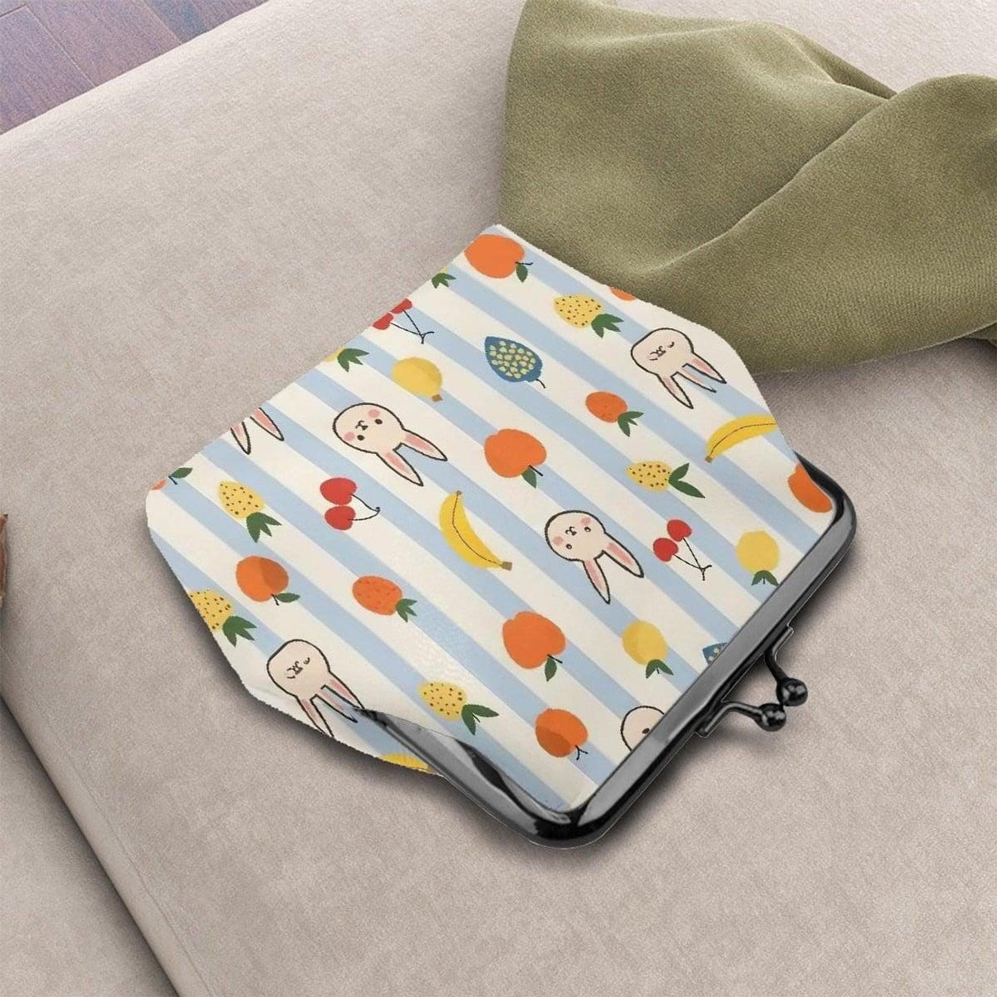 Bunny Coin Purse with Fruit Print, Faux Leather Change Pouch