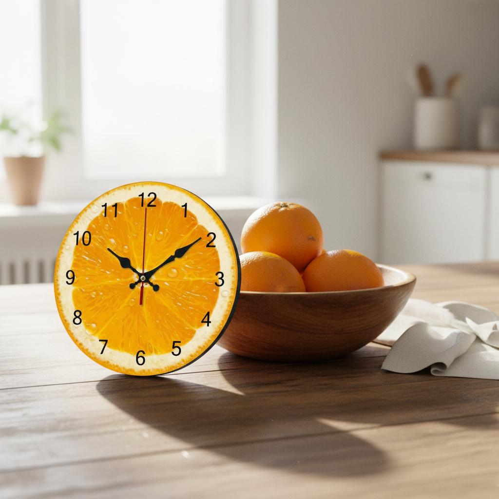 Orange Wall Clock, Retro Wooden Design with UV Print Fruit Style
