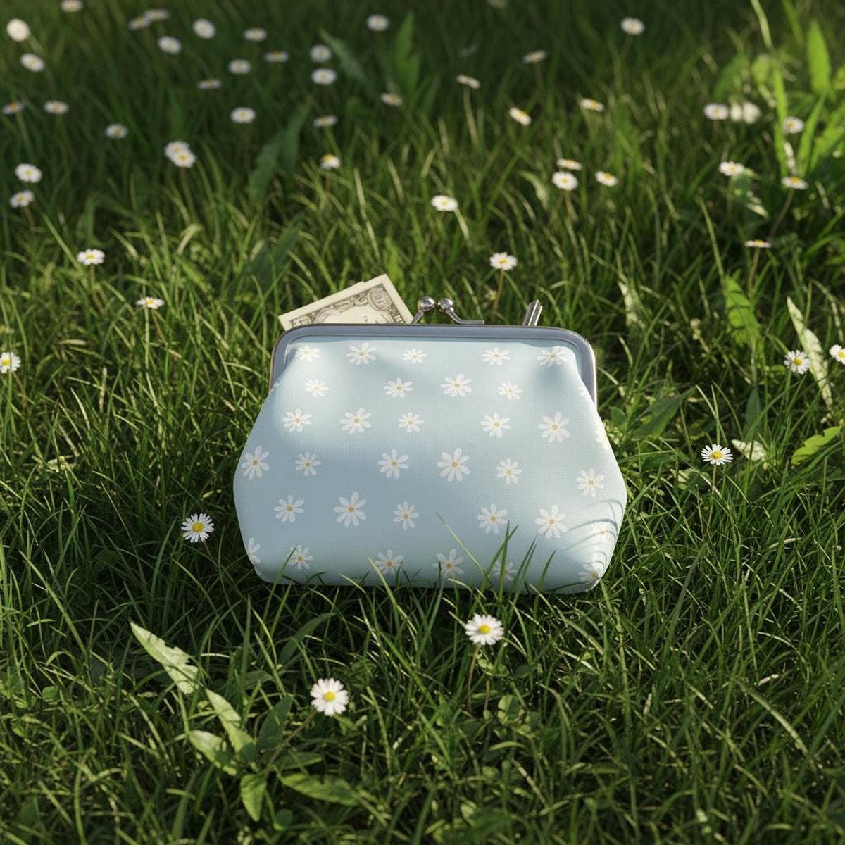 Blue Daisy Women's Leather Kiss Lock Coin Purse - Small Vintage Style Wallet Pouch
