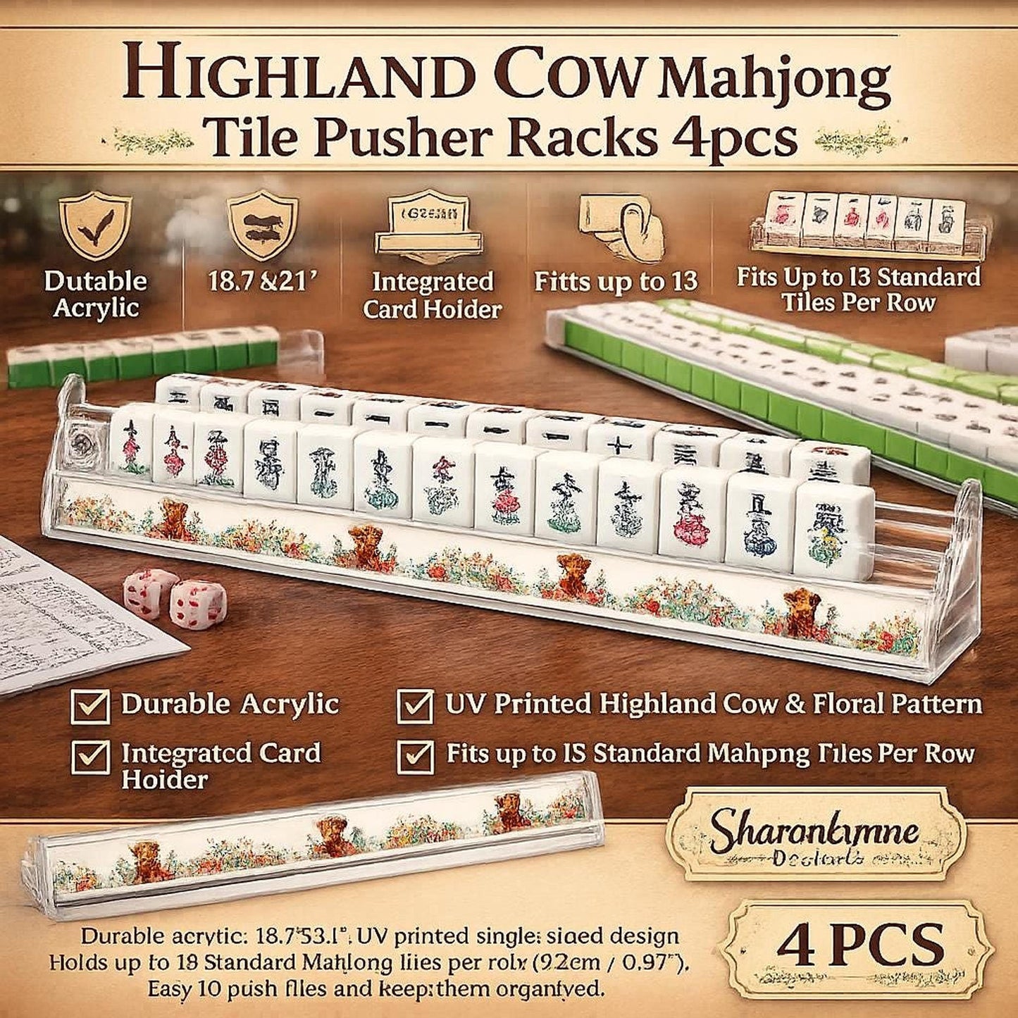 Highland Cow Mahjong Tile Pusher Racks Set, Acrylic Card Holder with Floral Design